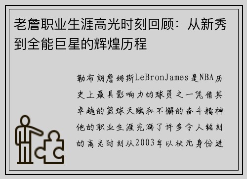 老詹职业生涯高光时刻回顾:从新秀到全能巨星的辉煌历程 老詹职业生涯高光时刻回顾:从新秀到全能巨星的辉煌历程