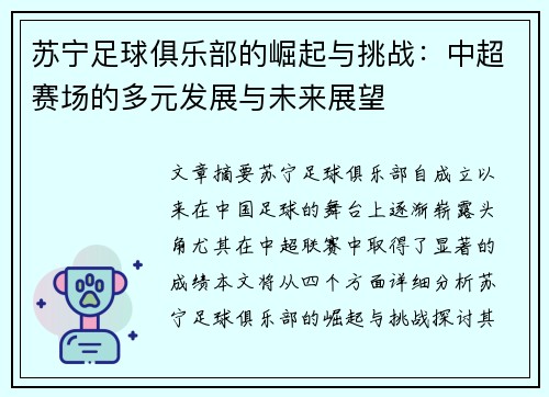 苏宁足球俱乐部的崛起与挑战：中超赛场的多元发展与未来展望