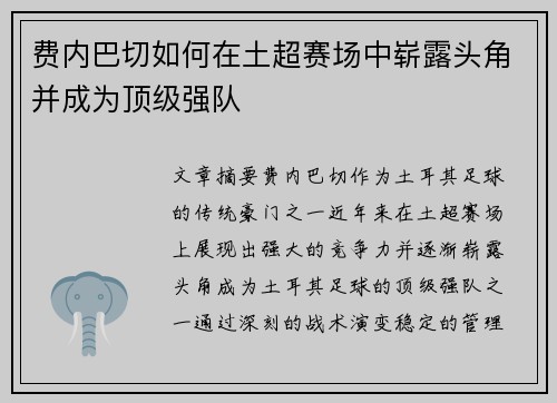 费内巴切如何在土超赛场中崭露头角并成为顶级强队