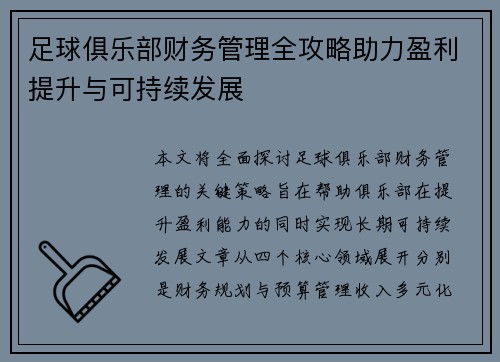 足球俱乐部财务管理全攻略助力盈利提升与可持续发展 足球俱乐部财务管理全攻略助力盈利提升与可持续发展