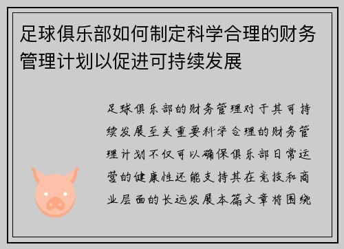 足球俱乐部如何制定科学合理的财务管理计划以促进可持续发展 足球俱乐部如何制定科学合理的财务管理计划以促进可持续发展